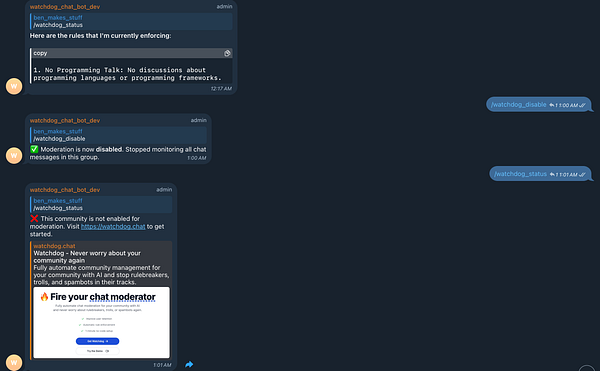 The image displays a Telegram chat interface showing commands related to a watchdog bot and its moderation status.