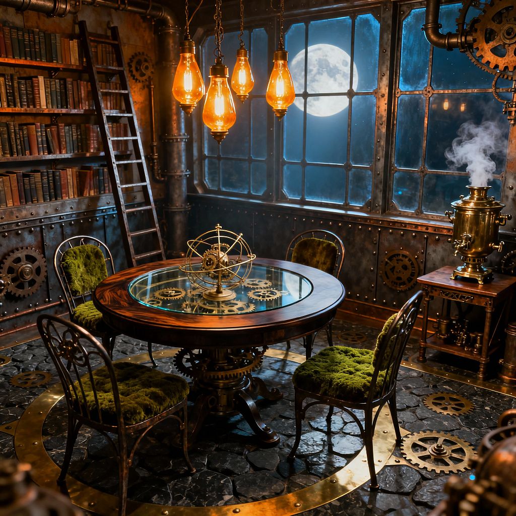 Steampunk dining room featuring a round walnut table with a glass top exposing brass gears and a brass armillary centerpiece, surrounded by four wrought-iron chairs with moss-green upholstered seats. Warm Edison bulbs hang above; riveted metal panels, exposed pipes, and a tall bookcase with ladder line the walls; a mullioned window shows a full moon; dark stone flooring with brass inlays and a steaming samovar on a side table complete the industrial Victorian scene.