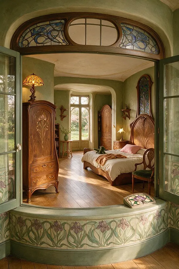 A cozy Art Nouveau kids' room with curved green plaster walls, stained glass transom windows, and warm wood furniture. A carved wooden bed, armoire, side tables, and floral tile detailing create a storybook atmosphere filled with soft natural light.