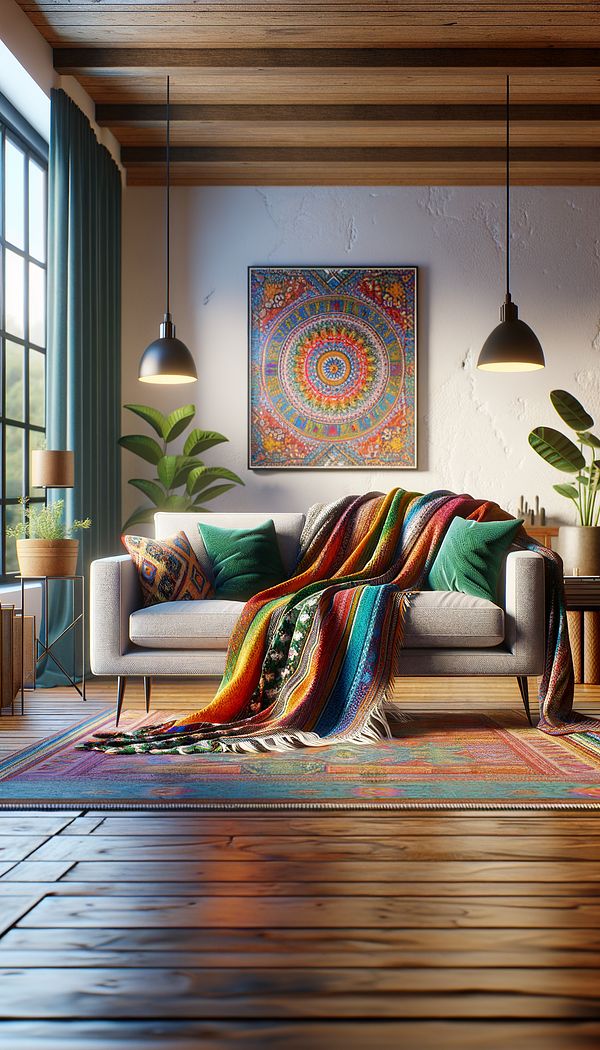 A cozy living room setting with a brightly colored Afghan draped over a modern sofa, adding warmth and a touch of eclectic charm to the space.
