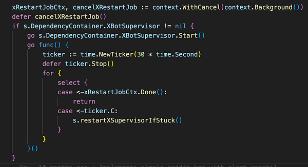 The image displays a code snippet written in Go programming language for managing a bot restart job.