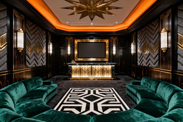 A glamorous Art Deco media room features two curved emerald velvet sofas facing a central bar and a large gold-framed screen. Dark ebonized wood paneling with brass inlays and quilted gray chevron acoustic panels line the walls, illuminated by fluted ribbed-glass sconces; a backlit brass-front bar with a black marble top centers the view, while a black-and-white geometric rug and an amber-lit tray ceiling with a gold sunburst medallion complete the setting.