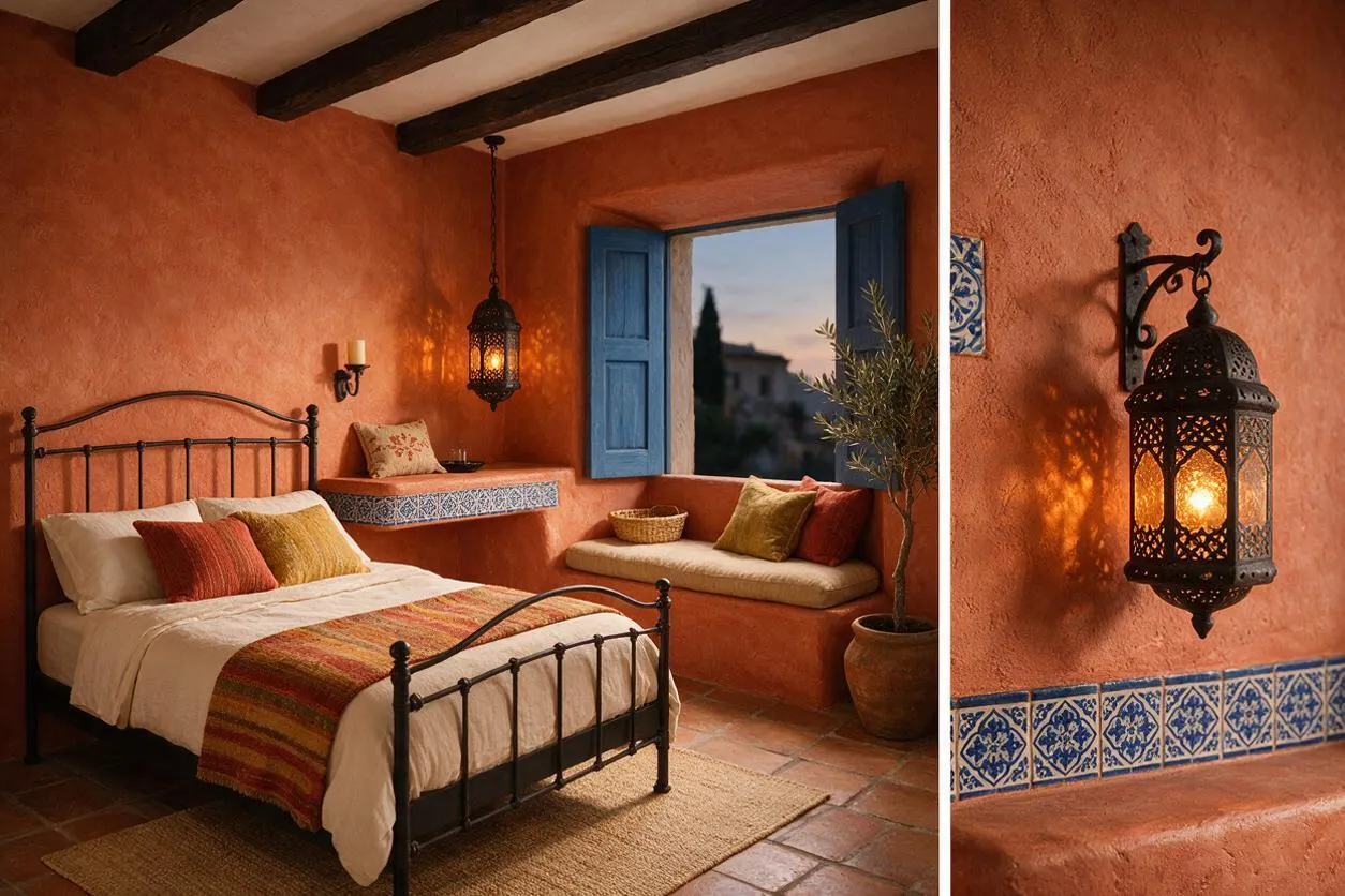 A Mediterranean-style bedroom with terracotta stucco walls, dark wood ceiling beams, and a black wrought-iron bed dressed in neutral bedding and warm striped textiles. A built-in bench beneath blue shutters, patterned tile trim, and a hanging lantern add rustic charm.