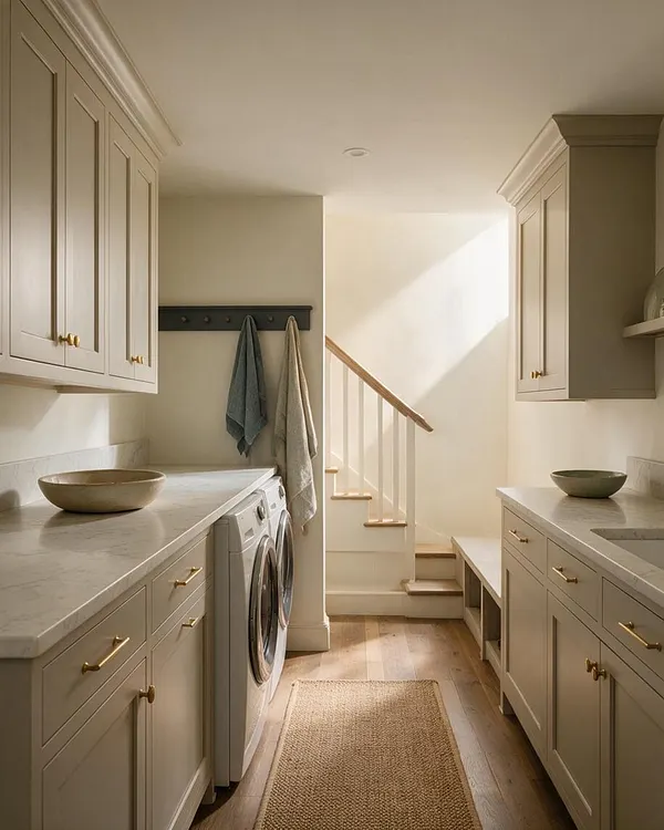 A narrow basement laundry room in a transitional style with cream shaker cabinets, light stone countertops, brass hardware, and a pair of front-loading washer and dryer units. A staircase rises at the back beside a built-in bench, and soft natural light warms the light wood floor and woven runner.