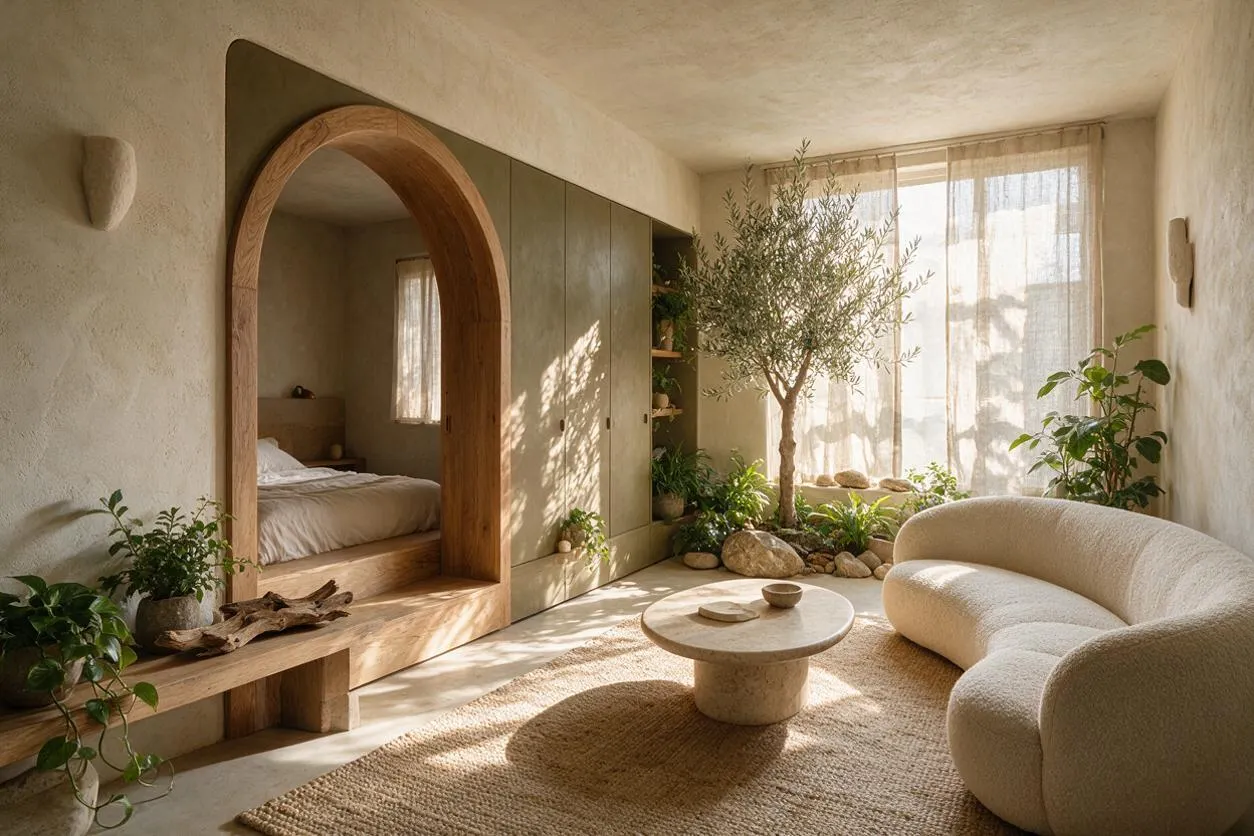 A serene studio apartment with an arched wooden doorway opening to a sleeping nook, a curved cream sofa, and a round stone coffee table on a woven rug. The room is filled with potted plants, an olive tree by sheer curtains, and warm natural light that highlights earthy plaster walls and wood details.
