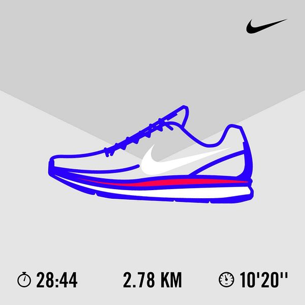 The image features a stylized illustration of a running shoe with performance metrics displayed below it.