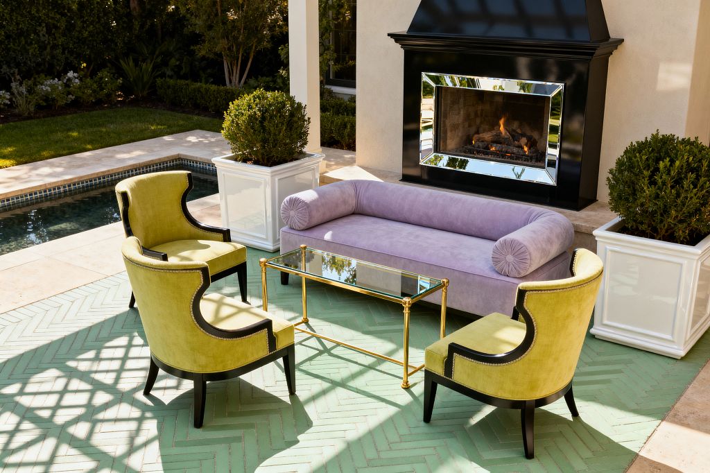 A poolside patio is arranged around a glossy black outdoor fireplace with mirrored trim. Seating includes a lavender velvet sofa with bolster pillows and three chartreuse velvet chairs with black frames and nailhead detail, centered on a glass-top brass coffee table over a mint green herringbone outdoor rug. White square planters hold manicured shrubs, and warm stone pavers and water reflect soft, sunlit shadows.