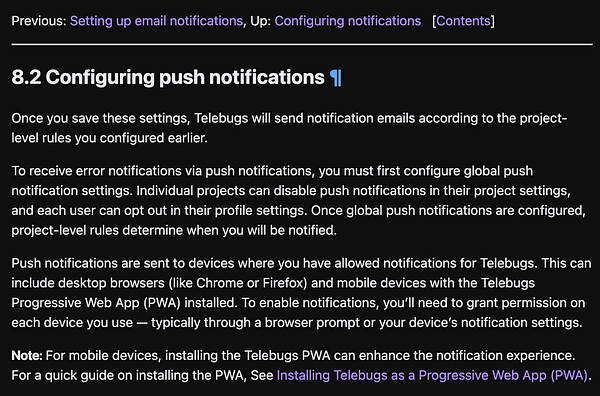 The image displays a section of a manual detailing the configuration of push notifications for Telebugs.
