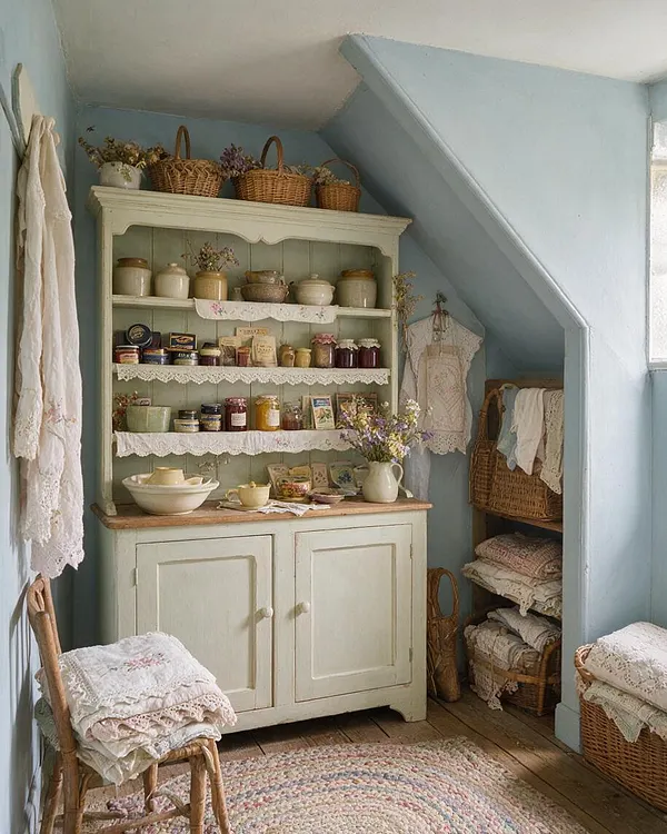 A small cottagecore mudroom with pale blue walls, a cream painted hutch, and open shelves lined with ceramic jars and pantry goods. Wicker baskets, lace trim, folded linens, and a wooden chair add a cozy, vintage farmhouse feel on worn wood floors.