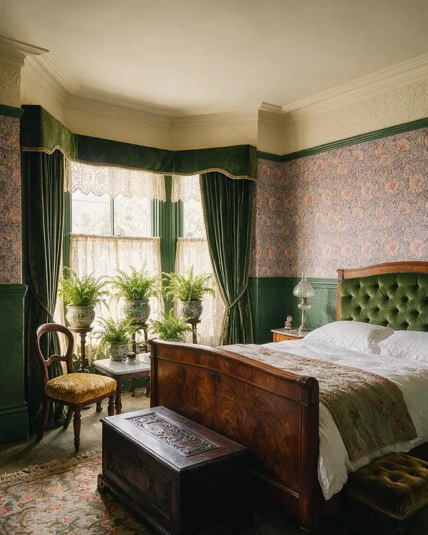 A Victorian-style guest bedroom with a carved wooden bed, deep green tufted velvet headboard, floral wallpaper, and dark green drapery framing a bright window. The room includes a vintage chair, potted ferns on stands, a small bedside lamp, and an ornate dark wooden chest at the foot of the bed.