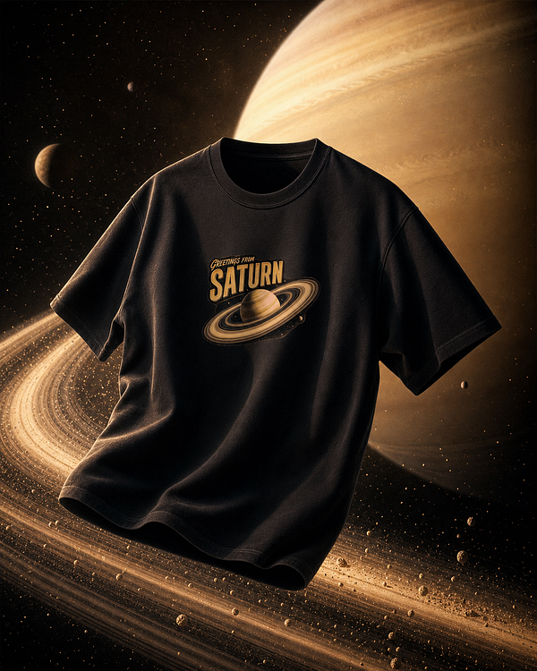 Promotional merchandise items for a space-themed shop are displayed against a dark backdrop with branding and messaging.