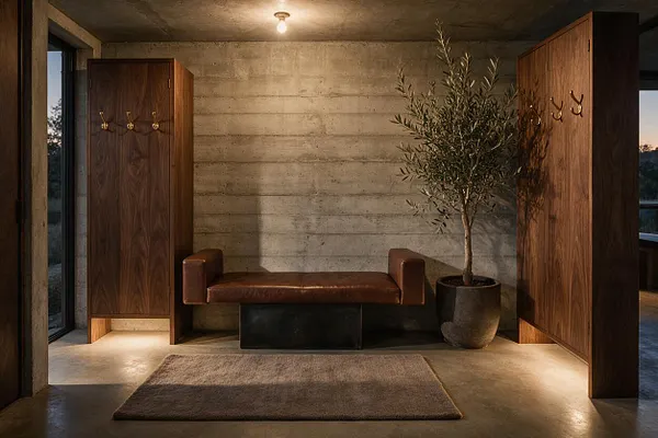 A moody mudroom with exposed concrete walls and floor, flanked by tall walnut storage cabinets with brass hooks. A leather bench sits centered beneath a bare bulb light, with a potted olive tree and a neutral rug softening the space.
