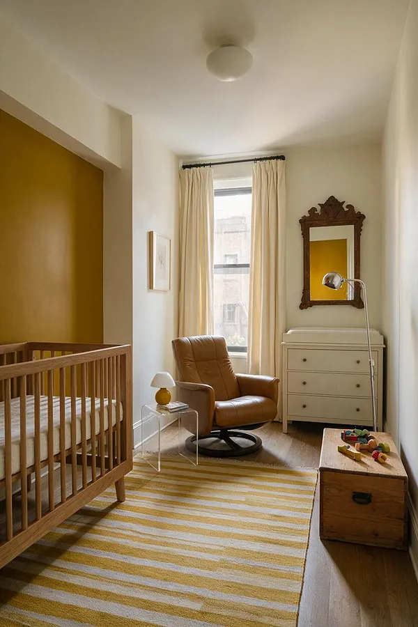 A narrow nursery with a wooden crib on the left, a tan leather swivel chair by the window, and a cream dresser topped with a chrome lamp. Cream curtains frame the window, while an ornate dark wood mirror, striped yellow rug, and vintage trunk with toys add eclectic character.