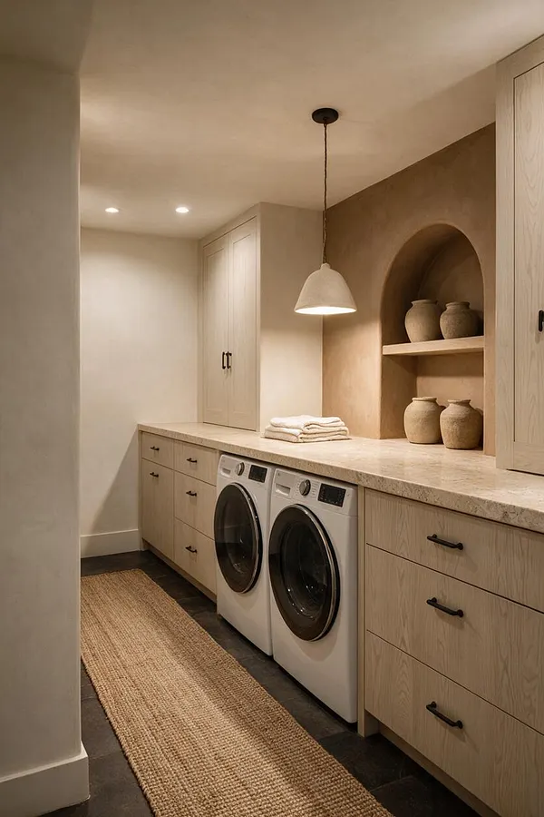 A basement laundry room with light oak cabinetry, a stone-look countertop, and a pair of front-loading washer and dryer units. A woven jute runner, clay-toned arched niche with pottery, and a simple pendant light create a warm organic modern feel.