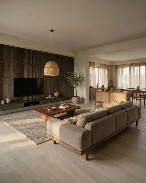 A serene Japandi living room with a beige sectional sofa, low walnut coffee table, and woven pendant light. A dark slatted wood media wall with a mounted TV anchors the space, while sheer curtains, natural textiles, and a cane-front sideboard add warmth and texture.