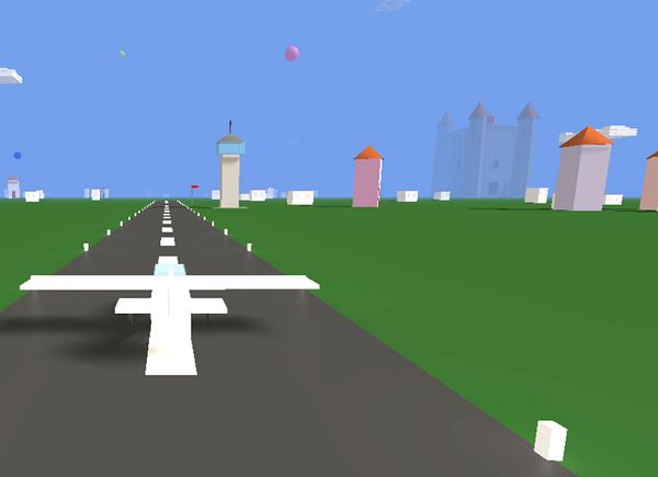 A simplistic 3D landscape featuring a runway, an airplane, and a castle in the background.