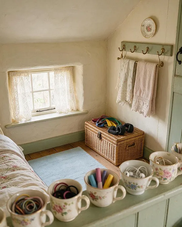 A small cottage-style home gym with cream plaster walls, a soft blue exercise mat on the wooden floor, and a wicker storage chest holding resistance bands and workout accessories. Lace curtains filter light through a small window, while floral towels hang on brass hooks above a pale green ledge lined with floral teacups used for organizing small fitness items.