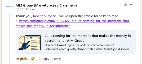 A social media post from AIM Group sharing an article about AI in recruitment.
