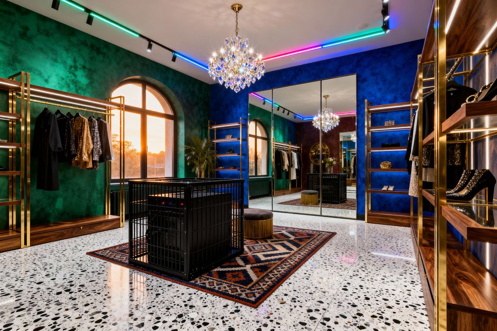 Large room styled as a maximalist home gym and dressing space with emerald and cobalt textured walls, floor-to-ceiling mirrors, and arched windows at sunset. Brass and walnut shelving lines the perimeter; a crystal chandelier and RGB ceiling strips illuminate white terrazzo flooring with black chips, a patterned rug, a velvet fringed ottoman, and a black metal cage in the center with garments and shoes displayed.