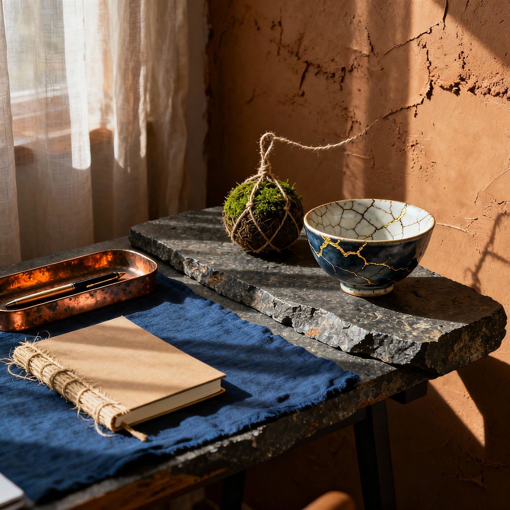 A sunlit home office vignette features a raw-edge dark stone desk layered with a second stone slab. On the surface, an indigo linen cloth holds a kraft notebook bound in jute and a copper tray with a pen, while the upper slab displays a porcelain kintsugi bowl with white crackle glaze and gold repairs beside a twine-wrapped moss kokedama; behind, textured terracotta clay plaster walls and sheer linen curtains filter warm afternoon light.