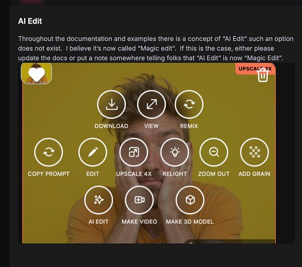 The image displays a user interface for an editing tool labeled 'AI Edit' with various editing options.