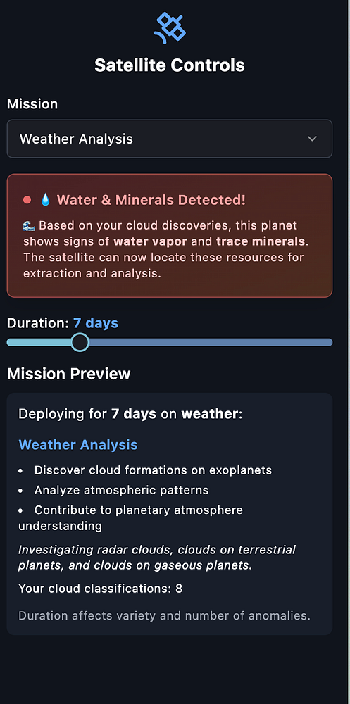 The image displays a user interface for satellite controls focused on weather analysis and mineral detection.