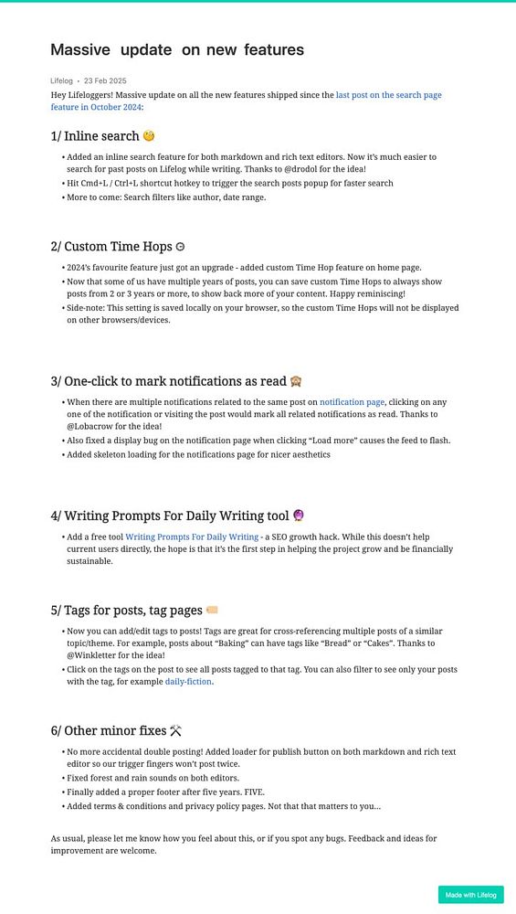 A detailed admin post outlining new features and updates for Lifelog users.