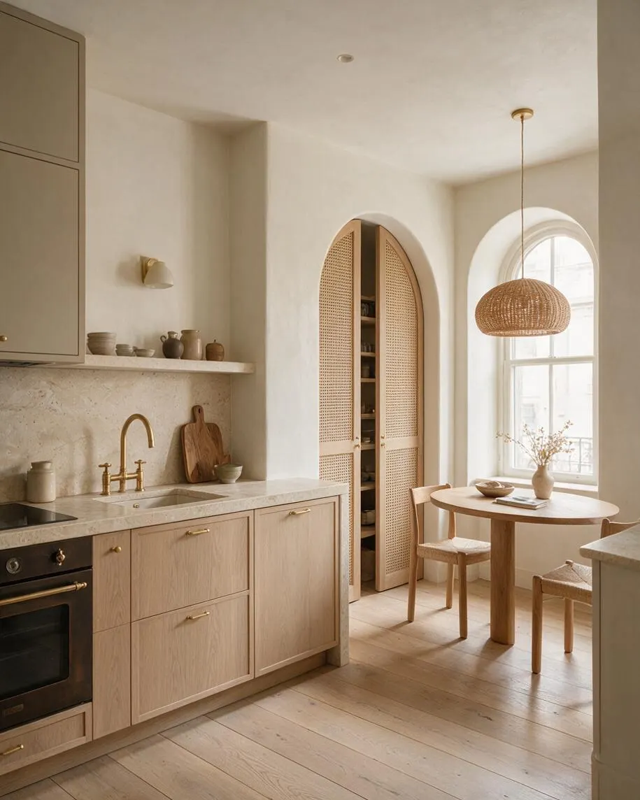 A softly lit Organic Modern kitchen with light oak cabinetry, a pale stone countertop, and brass fixtures. An arched cane-front pantry door, woven pendant light, and small round dining table by the window add warmth and texture.