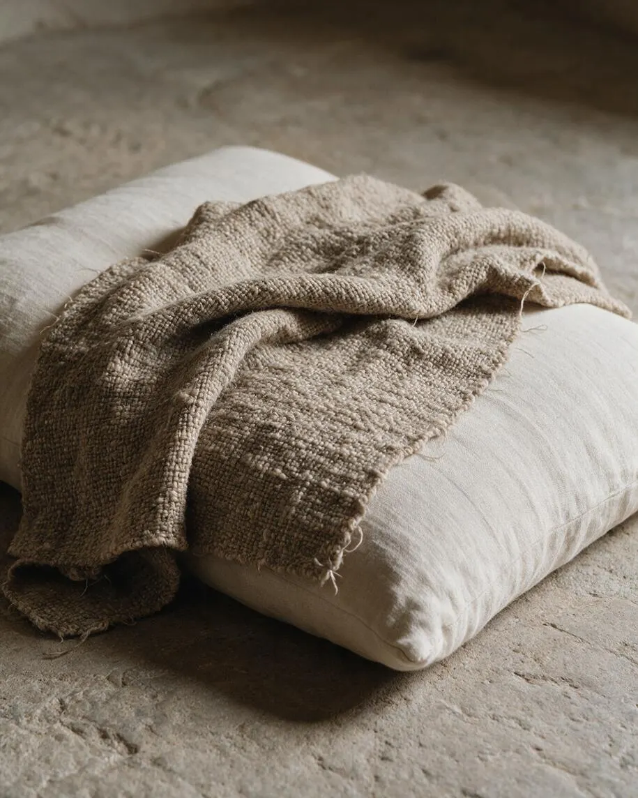 A close-up of a soft off-white floor cushion with a loosely draped, textured beige throw blanket on top. The scene rests on a rustic stone or plaster floor, creating a calm, earthy Wabi-Sabi look with natural fibers and subdued tones.