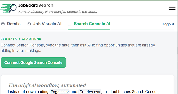 Admin interface of JobBoardSearch displaying the 'Search Console AI' tab for connecting Google Search Console to sync SEO data.