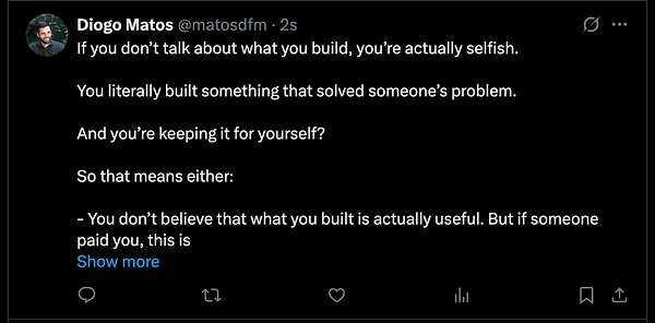 A tweet from Diogo Matos discussing the importance of sharing one's creations.