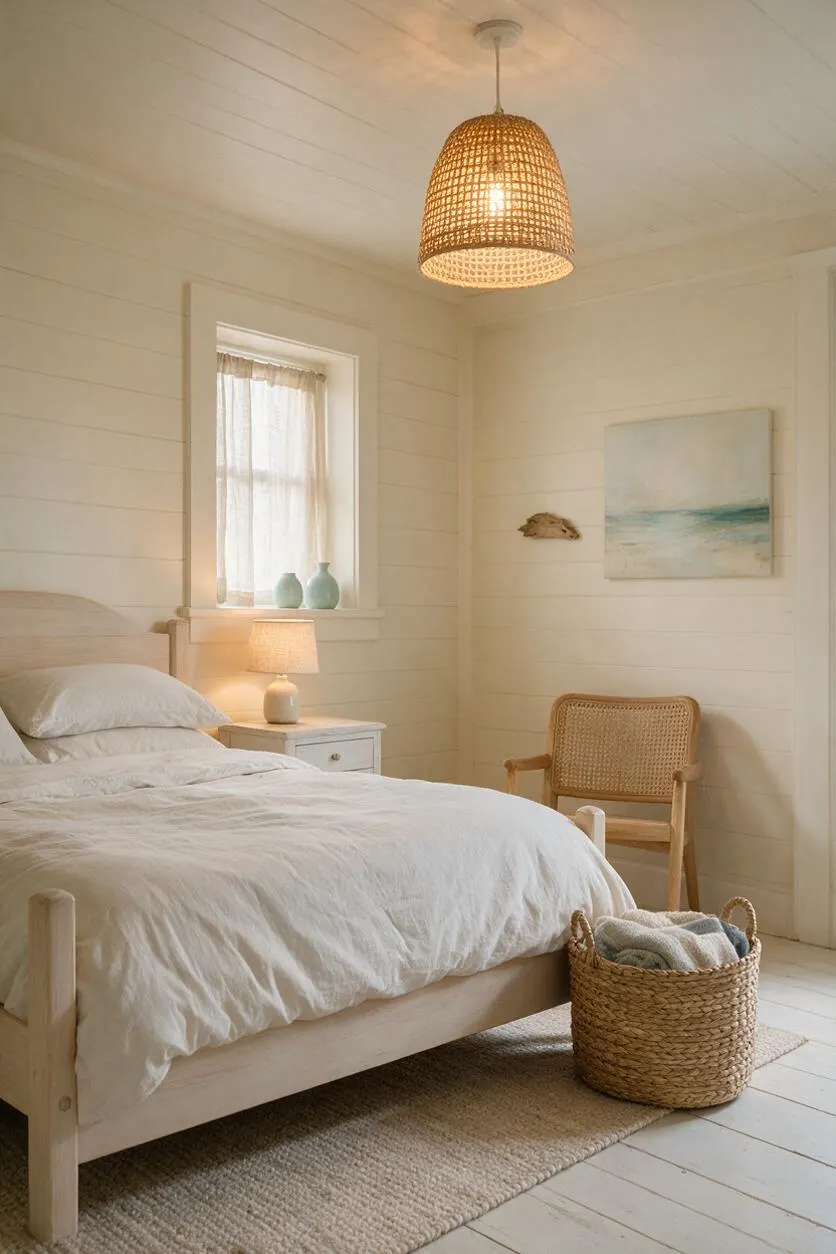 A serene coastal guest bedroom with a light wood bed dressed in white bedding, a woven pendant light overhead, and a small white nightstand with a lamp. The room features shiplap-style white walls, a rattan chair, woven basket storage, and a neutral rug, with soft daylight filtering through a window.