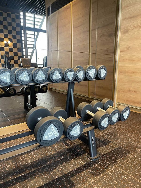 A well-equipped gym area featuring a rack of dumbbells.