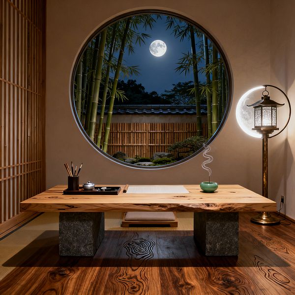 A serene Japanese-style home office features a low live-edge wood writing desk on stone block legs, facing a large circular window that frames a moonlit bamboo garden and bamboo fence. A floor cushion rests on tatami beneath the desk. At right, a brass floor lamp with a halo ring glows beside a lantern, while shoji-style wooden lattice lines the left wall. Dark hardwood flooring shows bold grain, with calligraphy tools and a small incense burner on the tabletop.