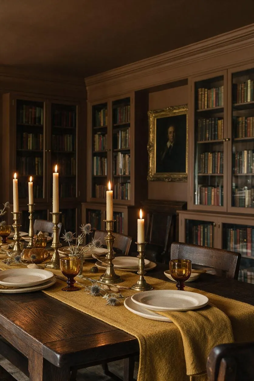 A moody dining room styled in Dark Academia with tall brass candlesticks, cream taper candles, amber goblets, and stacked stoneware plates on a dark wooden table. Built-in bookcases filled with books line the back wall, and a gold-framed portrait adds an old-world scholarly atmosphere.