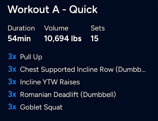 Workout A - Quick consisting of 5 exercises with details on duration, volume, and sets.