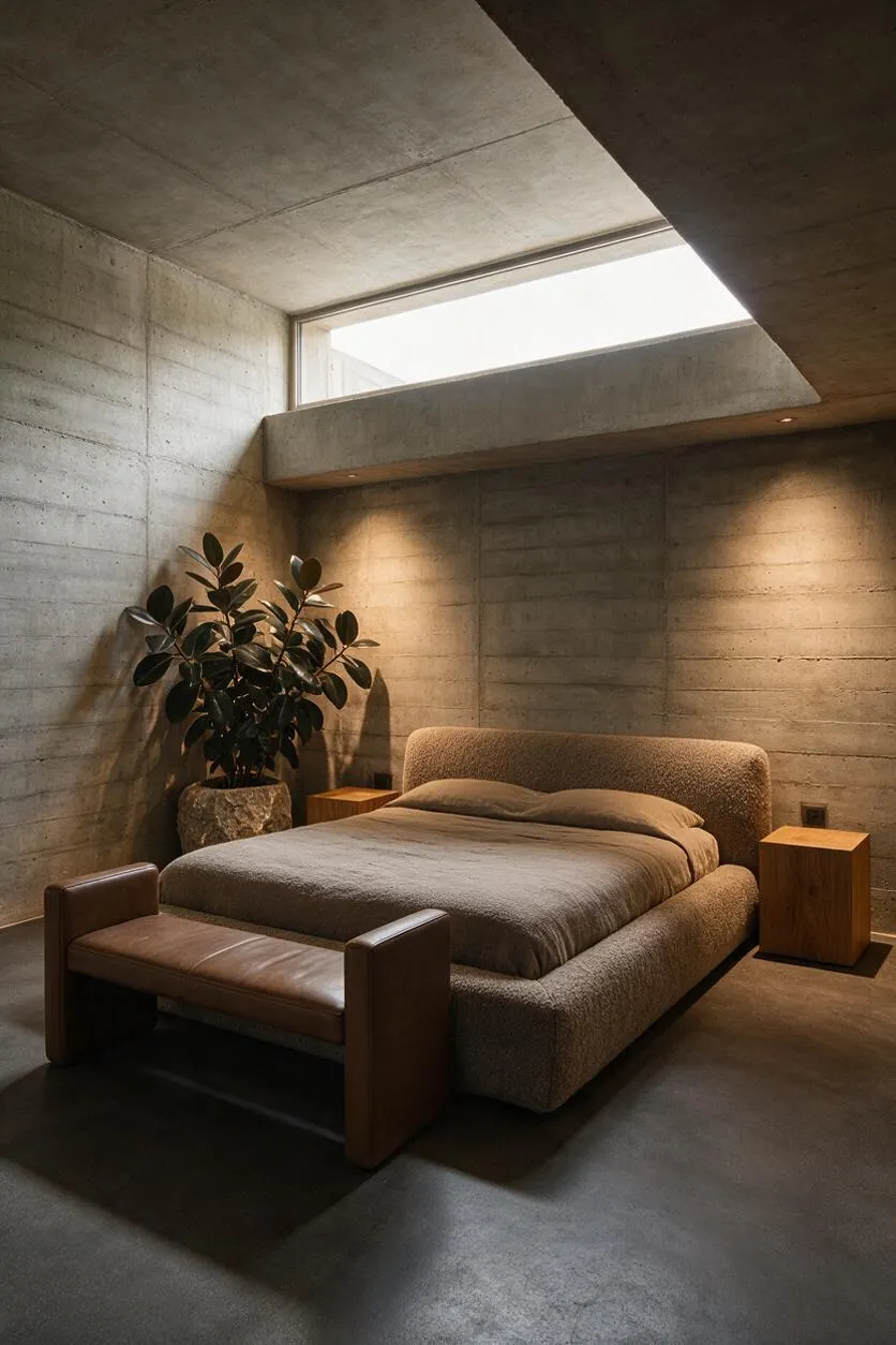A minimalist guest bedroom with exposed concrete walls and ceiling, a low upholstered bed, a leather bench at the foot of the bed, and simple wood nightstands. A large window near the ceiling brings in natural light, while a potted plant adds softness to the otherwise raw, Brutalist space.