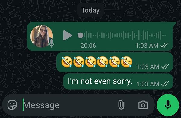 A WhatsApp chat displaying a voice message and humorous text exchanges.