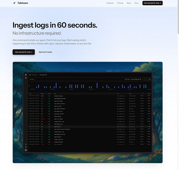 The image features a landing page for Tailstream, showcasing a log ingestion tool with a dark-themed dashboard interface.
