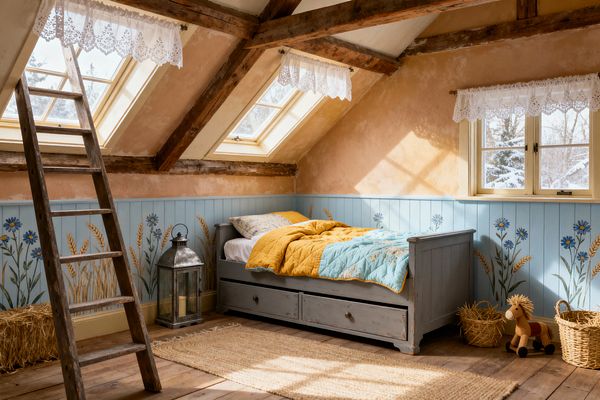 A cozy attic kids’ bedroom features exposed timber beams, two skylights and a side window dressed with white lace valances, filling the room with winter light. Pale blue vertical wainscoting hand‑painted with cornflowers and wheat runs along warm apricot plaster walls, beside a distressed gray daybed with trundle drawers, mustard and aqua quilts, wide‑plank wood floors, a jute rug, wicker baskets, a ride‑on toy horse, a metal lantern, a straw bale, and a leaning wooden ladder.