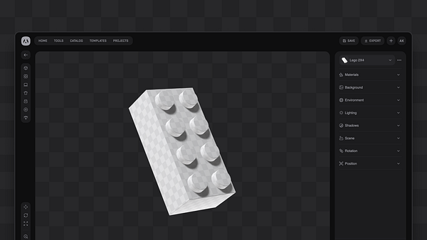 A 3D model of a LEGO brick is displayed in a design interface.