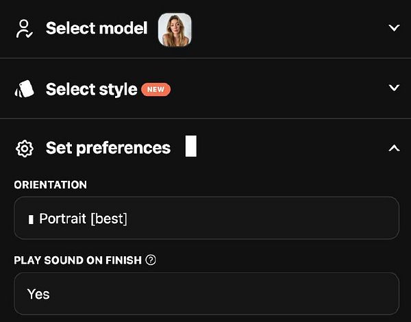 The image displays a user interface for selecting photo preferences in a dark-themed application.