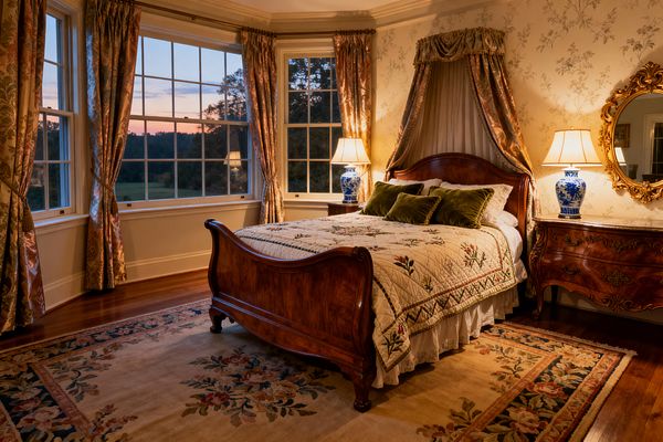 A traditional bedroom with a polished mahogany sleigh bed, a cream quilt embroidered with flowers, and olive velvet pillows under a gold canopy. Bay windows dressed in gold damask drapes, blue-and-white porcelain lamps on bombe chests, a gilded oval mirror, floral wallpaper, and a rose-bordered wool rug on hardwood floors create a warm scene at dusk.