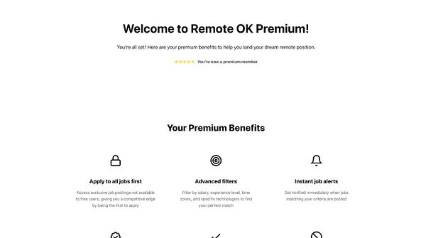 The image displays a welcome page for Remote OK Premium members, outlining their benefits.