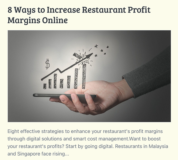 An article preview about increasing restaurant profit margins online, featuring a hand holding a smartphone with a graphic of a rising profit chart.