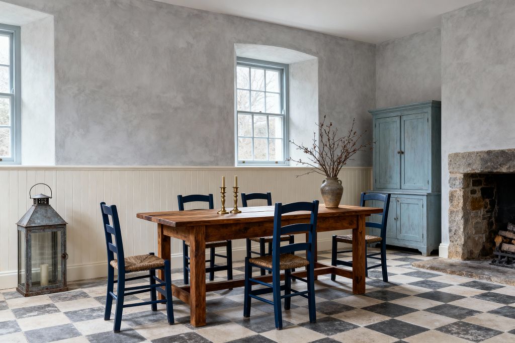 An airy farmhouse dining room features a rectangular wood table surrounded by six navy ladder-back chairs with woven rush seats, set on a black-and-ivory checkerboard stone floor. Cream beadboard wainscoting and soft gray plaster walls frame two blue-gray trimmed windows; a weathered light-blue cupboard and a rough stone fireplace sit to the right, with brass candlesticks, a ceramic vase of bare branches, and a galvanized lantern with a candle completing the scene.