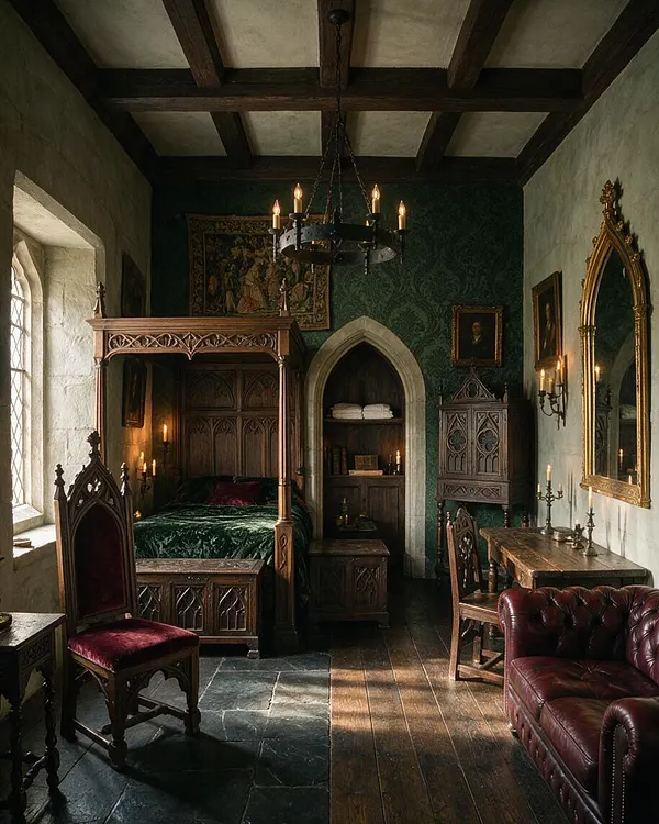 A dramatic Gothic-style master bedroom with a carved four-poster bed, dark green velvet bedding, pointed arch niches, and stone walls. The room includes a chandelier with candle-style bulbs, a gilded mirror, a leather sofa, and richly carved wood furniture, creating a moody historic atmosphere.