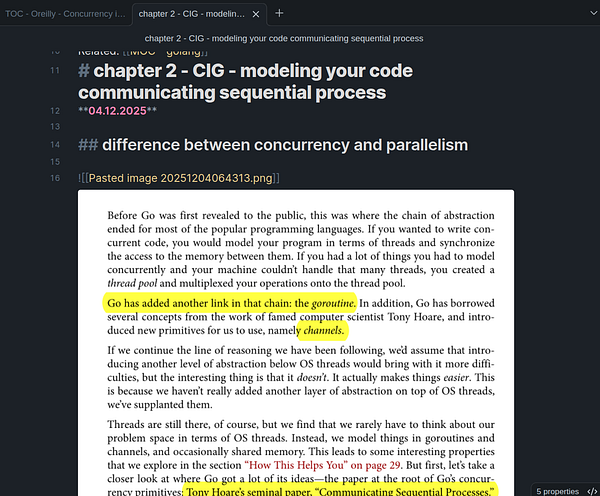 The image displays a section of text from a document discussing concurrency in the Go programming language.