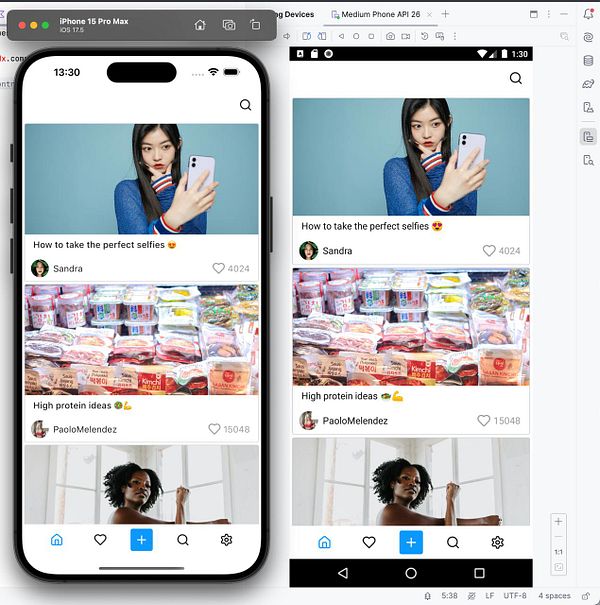 The image displays a side-by-side comparison of a mobile app interface on an iPhone and an Android device.