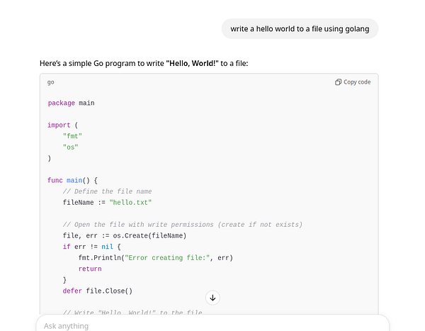 A code snippet for a simple Go program that writes 'Hello, World!' to a file.